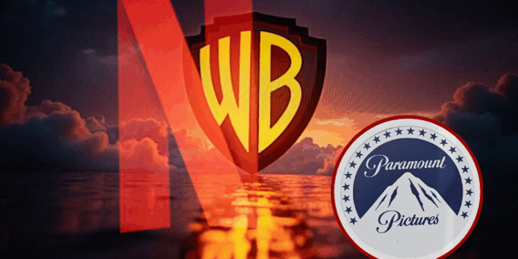(Background) Double exposure photograph of the Netflix logo and the Warner Bros logo at Kerlouan in Brittany in France on December 05 2025. (Photo by Vincent Feuray / Hans Lucas / AFP via Getty Images) / (R) The Paramount logo is seen at Paramount Studios in Los Angeles, California on December 9, 2025. Paramount on December 8 launched an all-cash tender offer to acquire Warner Bros. Discovery, the Hollywood giant that also owns CNN, in a challenge to Netflix