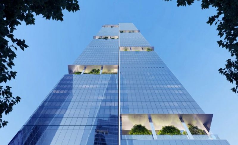 Rendering of an upward view of the planned Two World Trade Center office building construction. (via: Foster + Partners)