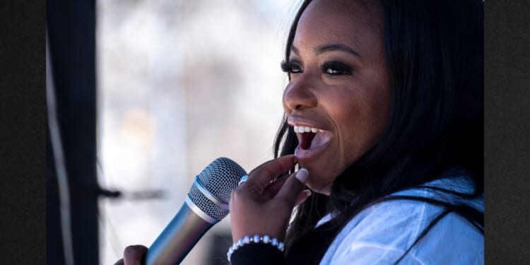 Rep. Jasmine Crockett, a Texas Democrat, speaks Sunday at a campaign rally in San Antonio, Texas. Crockett is facing state Rep. James Talarico in Texas' Democratic Senate primary.