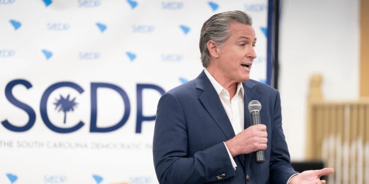 California Gov. Gavin Newsom speaks to a crowd during an event hosted by the South Carolina Democratic Party at the Carter-Sullivan American Legion on Feb. 23, 2026, in Manning, South Carolina.