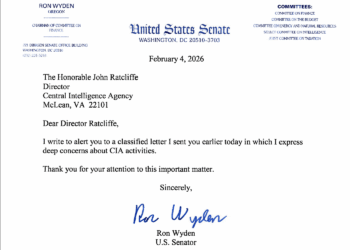 Wyden two-sentence letter to CIA Director John Ratcliffe, February 4, 2026