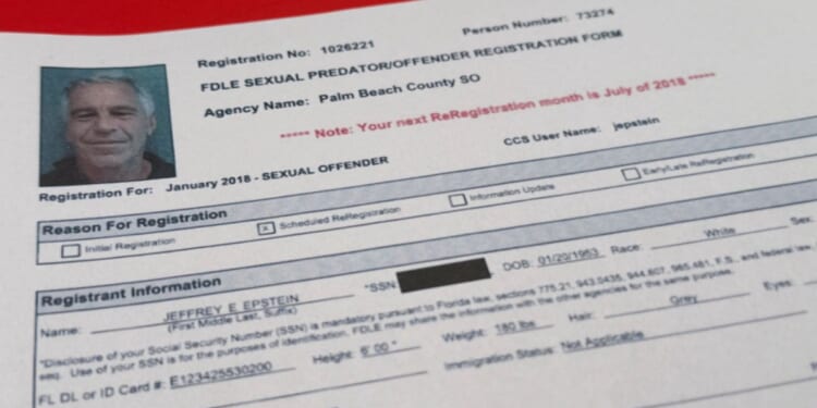 One of the documents included in a recent U.S. Department of Justice release of the Jeffrey Epstein files as seen on Feb. 2, 2026 showing the late-financier's sexual predator/offender registration form for July 2018.