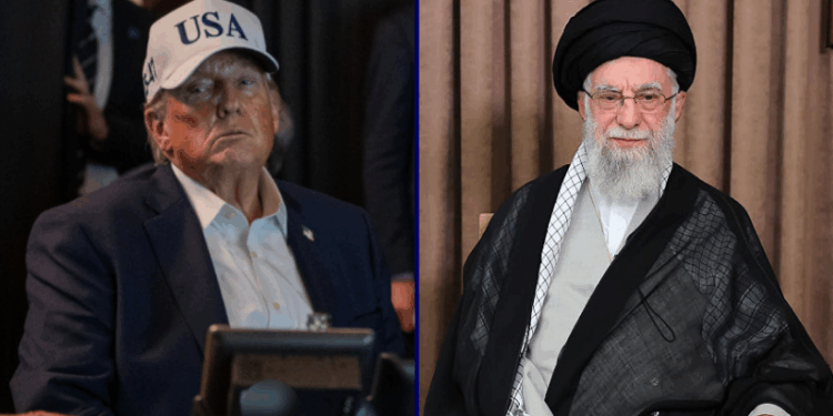 (L) Photo of President Donald Trump monitoring U.S. Military Operations in Iran from Mar-A-Lago in Palm Beach, Florida, on Saturday, February 28, 2026. (via: The White House; X) / (R) In this handout image provided by the Office of the Supreme Leader of Iran, Iranian Supreme Leader Ali Khamenei addresses the nation in a state television broadcast on June 18, 2025 in Tehran, Iran. In the address, he said the Iranian people would never surrender and that “any form of US military intervention will undoubtedly be met with irreparable harm.”(Photo by Office of the Supreme Leader of Iran via Getty Images)