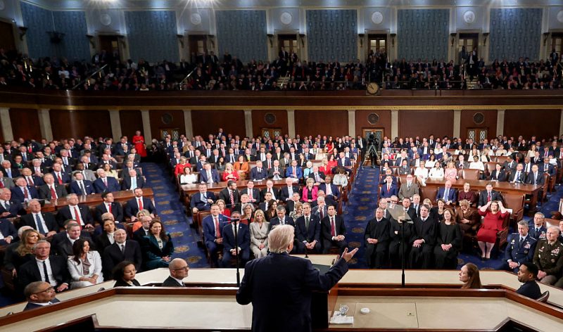 WASHINGTON, DC - FEBRUARY 24: U.S. President Donald Trump delivers the State of the Union address during a joint session of Congress at the Capitol on February 24, 2026 in Washington, DC. Trump delivered his address days after the Supreme Court struck down the administration's tariff strategy, and amid a U.S. military buildup in the Persian Gulf threatening Iran. (Photo by Jessica Koscielniak-Pool/Getty Images)