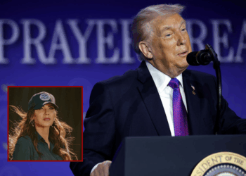 (Background) U.S. President Donald Trump speaks during the 74th annual National Prayer Breakfast at the Washington Hilton on February 5, 2026 in Washington, DC. President Trump is joined by bipartisan Congressional members, business, and religious leaders to pray for the nation. (Photo by Alex Wong/Getty Images) / (L) US Homeland Security Secretary Kristi Noem looks on during a press conference with US Border Patrol officials near the border wall between the US and Mexico in Nogales, Arizona, on February 4, 2026. (Photo by Olivier Touron / AFP via Getty Images)