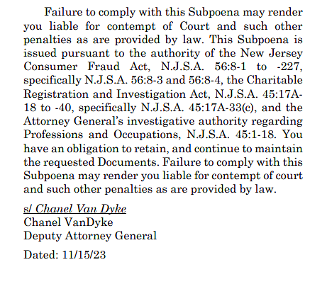 A "voluntary" subpoena from the New Jersey Attorney General.