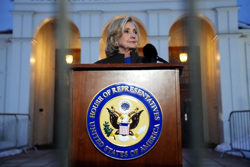 CHAPPAQUA, NEW YORK - FEBRUARY 26: Former U.S. Secretary of State Hillary Clinton speaks to the press after testifying in a closed-door deposition with the House Oversight Committee at the Chappaqua Performing Arts Center on February 26, 2026 in Chappaqua, New York. Former Secretary of State Hillary Clinton provided testimony to the Republican-led House Oversight Committee as part of an ongoing inquiry into the late sex offender Jeffrey Epstein's case. Former U.S. President Bill Clinton is expected to testify tomorrow. (Photo by David Dee Delgado/Getty Images)