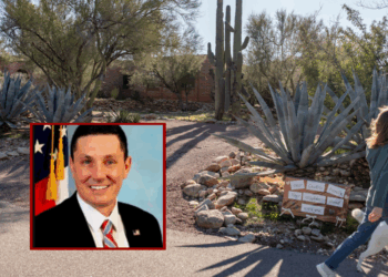 (L) Heith Janke - Special Agent in Charge - FBI Phoenix (Photo via: FBI) / (Background) A neighbor walks their dog in front of the house of Nancy Guthrie, NBC host Savannah Guthrie