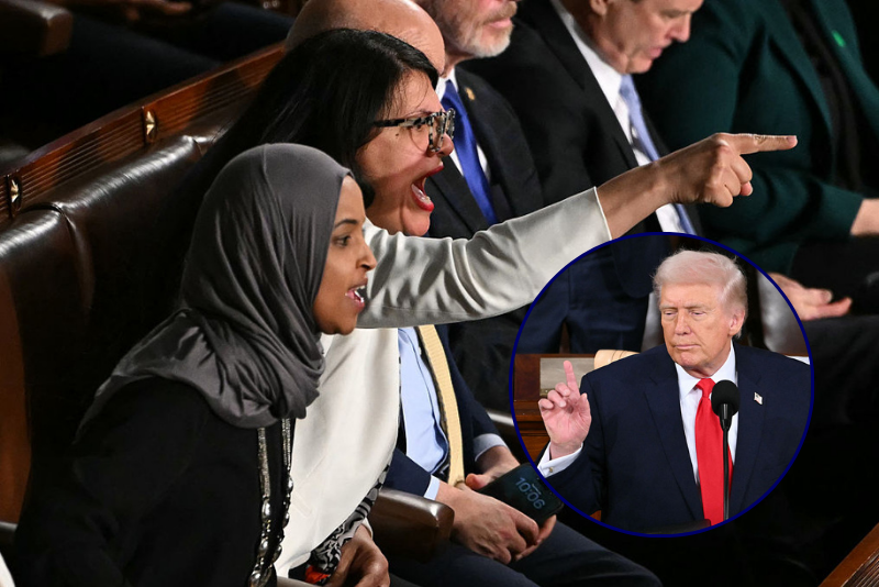 US President Donald Trump delivers the State of the Union address in the House Chamber of the US Capitol in Washington, DC, on February 24, 2026. (Photo by Brendan SMIALOWSKI / AFP via Getty Images) -- (L/R) US Representatives Ilhan Omar, Democrat from Minnesota, and Rashida Tlaib, Democrat from Michigan, shout as President Donald Trump delivers the State of the Union address in the House Chamber of the US Capitol in Washington, DC, on February 24, 2026. (Photo by ANDREW CABALLERO-REYNOLDS / AFP via Getty Images)