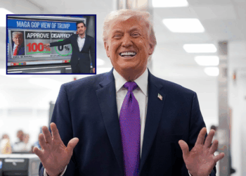 (Background) U.S. President Donald Trump speaks during a tour of a Thermo Fisher Scientific facility on March 11, 2026 in Reading, Ohio. President Trump is highlighting his administration