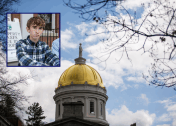 (Background) Vermont elected officials of the house and senate spoke at a “Just Majority” Supreme Court accountability campaign press conference outside the Vermont State House in Montpelier, Vermont on Thursday, April 27, 2023. The 20-stop nation-wide bus tour launched in Boston with a call for reforms of the U.S. Supreme Court. (Photo by John Tully/Getty Images) / (L) Dean Roy (via: https://deanroyforgovernor.my.canva.site)