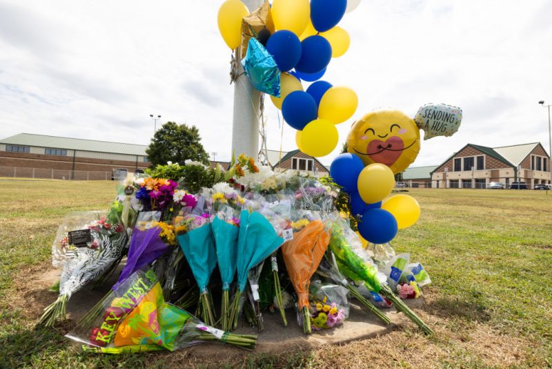 WINDER, GEORGIA - SEPTEMBER 5: A memorial of flowers and balloons grows in front of Apalachee High School on September 5, 2024 in Winder, Georgia. Two students and two teachers were shot and killed at the school on September 4, and a 14-year-old suspect, who is a student at the school, is in custody. (Photo by Jessica McGowan/Getty Images)