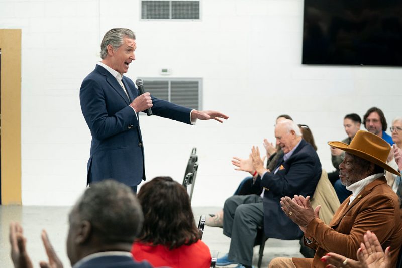MANNING, SOUTH CAROLINA - FEBRUARY 23: California Gov. Gavin Newsom speaks to a crowd during an event hosted by the South Carolina Democratic Party at the Carter-Sullivan American Legion on February 23, 2026 in Manning, South Carolina. The Governor had scheduled appearances in Pineville, Manning and Rock Hill, South Carolina on Monday. (Photo by Sean Rayford/Getty Images)