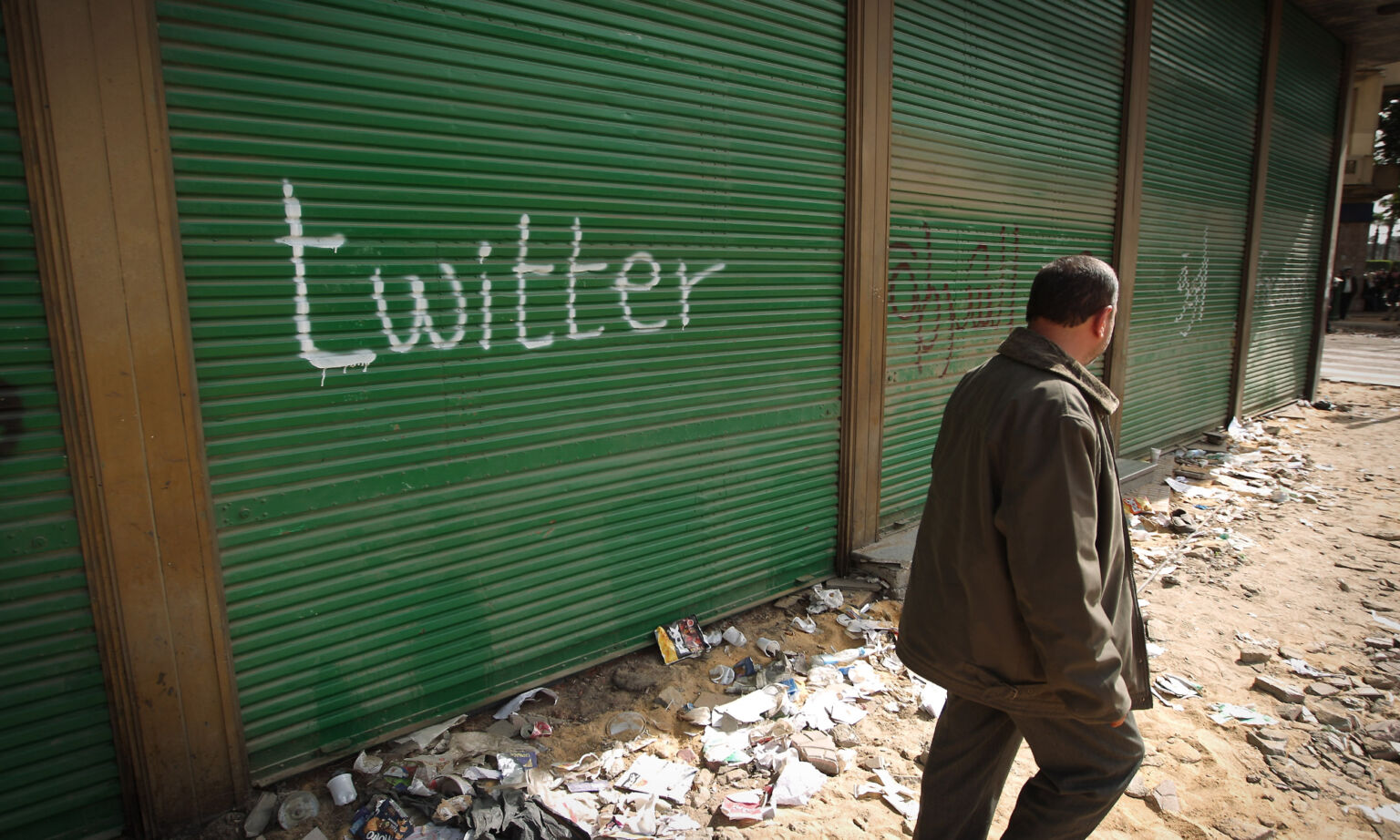 A shop in Tahrir Square, Cairo, is spray painted with the word Twitter after the government shut off internet access, 4 February 2011.