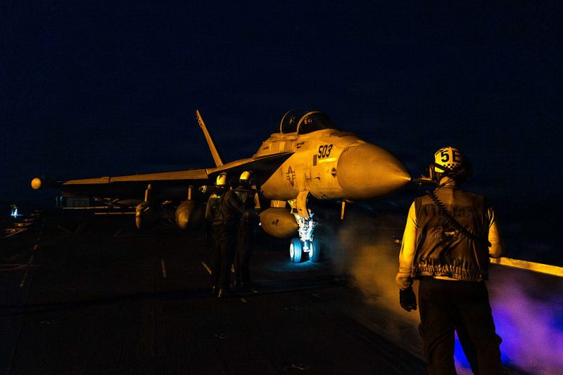 AT SEA, UNSPECIFIED - MARCH 1: (EDITOR'S NOTE: This Handout image was provided by a third-party organization and may not adhere to Getty Images' editorial policy.) In this U.S. Navy released handout, an EA-18G Growler, attached to Electronic Attack Squadron (VAQ) 133, prepares to launch from the flight deck of Nimitz-class aircraft carrier USS Abraham Lincoln (CVN 72) in support of Operation Epic Fury on March 1, 2026 at Sea. Iran's Supreme Leader, Ayatollah Ali Khamenei, was confirmed killed after the United States and Israel launched a joint attack on Iran on February 28. Iran retaliated by firing waves of missiles and drones at Israel, and targeting U.S. allies in the region. (Photo by U.S. Navy via Getty Images)