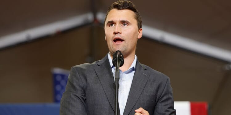 Charlie Kirk, who founded Turning Point USA, speaks before Republican vice presidential nominee J.D. Vance gives remarks at a campaign rally at Arizona Christian University on July 31, 2024, in Glendale, Arizona.