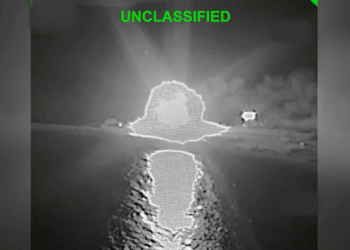 Screenshot of video of Iranian ship being destroy in the Gulf of Oman. (Via CENTCOM)