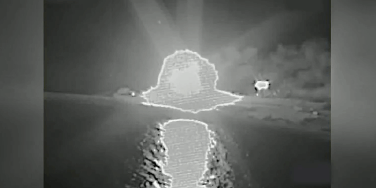 Screenshot of video of Iranian ship being destroy in the Gulf of Oman. (Via CENTCOM)