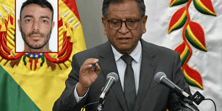 (Background) Bolivian Minister of Government Marco Antonio Oviedo delivers a press conference in La Paz, after Uruguayan alleged trug trafficker Sebastian Marset was arrested, on March 13, 2026. Notorious narco trafficker, Sebastian Marset, who eluded police across Latin America for years and was on the US most-wanted list, was arrested on March 13, 2026 in Bolivia, a government source told AFP. (Photo by AIZAR RALDES / AFP via Getty Images) / (L) Sebastian Enrique Marset Cabrera (via: Department of State; state.gov)