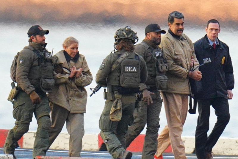 Nicolas Maduro and his wife, Cilia Flores, are seen in handcuffs after landing at a Manhattan helipad as they are escorted to an armored car en route to a federal courthouse in Manhattan on Monday. (Photo via: DEA)