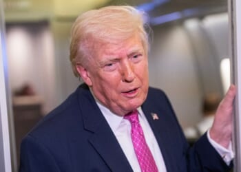 President Donald Trump speaks with reporters onboard Air Force One on March 29, 2026 while heading for Joint Base Andrews, Maryland, from West Palm Beach Florida.