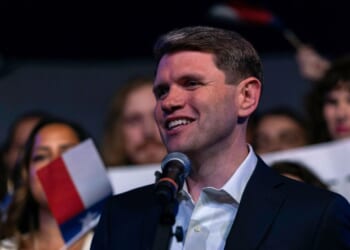 Texas Senate candidate James Talarico addresses supporters on primary election night on March 3, 2026, in Austin, Texas.