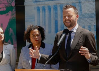 California Assemblyman Matt Haney speaks at a "Just Majority" nationwide bus tour news conference to call for reforms to the U.S. Supreme Court on May 16, 2023, in Sacramento, California.