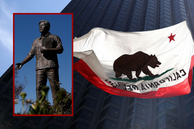 (L) SAN FERNANDO, CALIFORNIA - MARCH 19: A statue of labor leader and civil rights activist Cesar Chavez is seen through a sculpture with the United Farm Workers (UFW) flag at the Cesar E. Chavez Memorial Park on March 19, 2026 in San Fernando, California. A day after mounting calls to reconsider honors for Cesar Chavez amid sexual abuse allegations, California legislative leaders said they would move to rename the March 31 holiday as “Farmworker Day” to reflect the broader labor movement and recognize survivors. (Photo by Justin Sullivan/Getty Images) / (Background) SAN FRANCISCO, CALIFORNIA - MAY 09: A California flag flies in front of 555 California Street on May 09, 2023 in San Francisco, California. San Francisco's downtown has an estimated 18.4 million square feet of available real estate and continues to struggle with keeping retail and commercial properties rented out following the COVID-19 pandemic and lags behind all major cities in the U.S. and Canada. (Photo by Justin Sullivan/Getty Images)