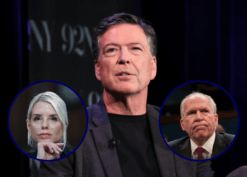 (Background) James Comey speaks onstage during Former FBI Director James Comey In Conversation With MSNBC
