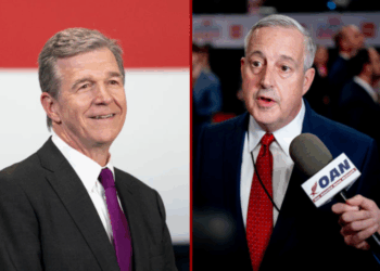 (R) Republican National Committee co-chair Michael Whatley speaks to reporters in the spin room following the CNN Presidential Debate between U.S. President Joe Biden and Republican presidential candidate, former U.S. President Donald Trump at the McCamish Pavilion on the Georgia Institute of Technology campus on June 27, 2024 in Atlanta, Georgia. (Photo by Andrew Harnik/Getty Images) / (L) North Carolina Governor Roy Cooper is seen before President Joe Biden speaks to guests during a visit to North Carolina Agricultural and Technical State University on April 14, 2022 in Greensboro, North Carolina.(Photo by Allison Joyce/Getty Images)