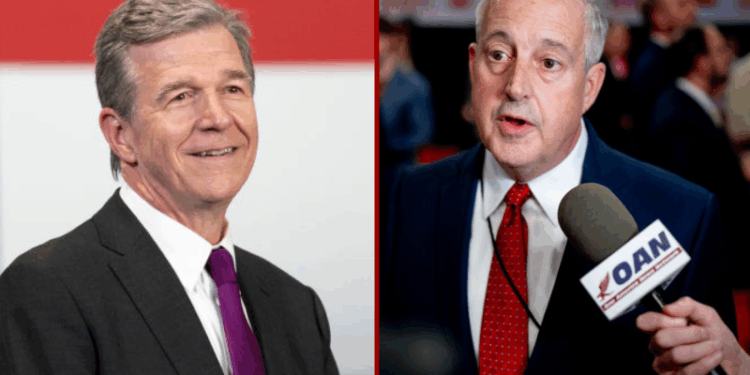 (R) Republican National Committee co-chair Michael Whatley speaks to reporters in the spin room following the CNN Presidential Debate between U.S. President Joe Biden and Republican presidential candidate, former U.S. President Donald Trump at the McCamish Pavilion on the Georgia Institute of Technology campus on June 27, 2024 in Atlanta, Georgia. (Photo by Andrew Harnik/Getty Images) / (L) North Carolina Governor Roy Cooper is seen before President Joe Biden speaks to guests during a visit to North Carolina Agricultural and Technical State University on April 14, 2022 in Greensboro, North Carolina.(Photo by Allison Joyce/Getty Images)