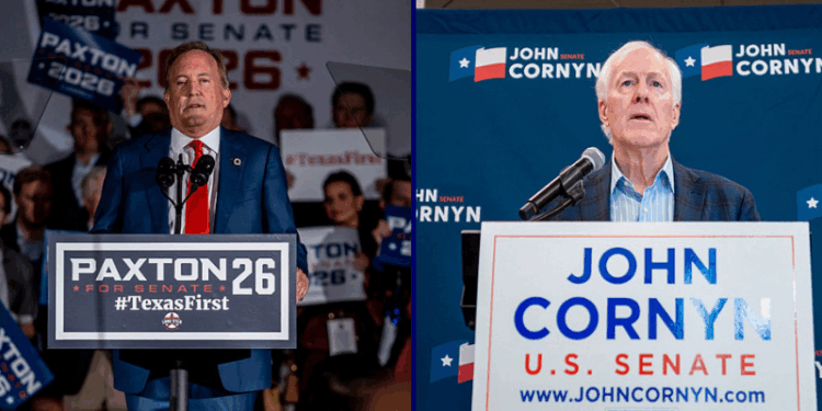 (L) GOP Texas Senate Candidate Ken Paxton speaks to supporters at a watch party on March 3, 2026 in Dallas, Texas. Paxton and incumbent John Cornyn will face off again in a run off. (Photo by Sergio Flores/Getty Images) / (R) Sen. John Cornyn (R-TX) speaks to members of the media at the Austin Marriott Downtown on March 03, 2026 in Austin, Texas. Early results indicate a runoff race between Cornyn and opponent Texas Attorney General Ken Paxton. (Photo by Brandon Bell/Getty Images)