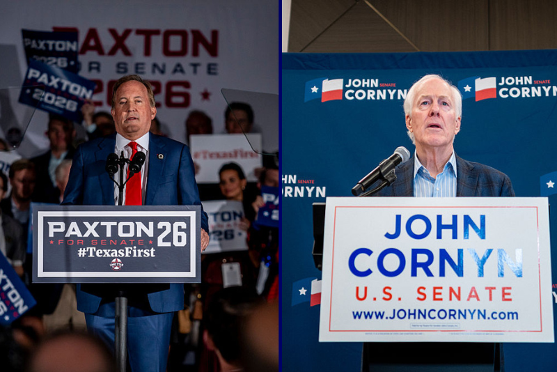 (L) GOP Texas Senate Candidate Ken Paxton speaks to supporters at a watch party on March 3, 2026 in Dallas, Texas. Paxton and incumbent John Cornyn will face off again in a run off. (Photo by Sergio Flores/Getty Images) / (R) Sen. John Cornyn (R-TX) speaks to members of the media at the Austin Marriott Downtown on March 03, 2026 in Austin, Texas. Early results indicate a runoff race between Cornyn and opponent Texas Attorney General Ken Paxton. (Photo by Brandon Bell/Getty Images)