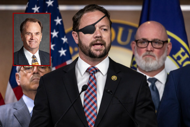 (Background) Rep. Dan Crenshaw (R-TX) speaks during a press conference on Capitol Hill on June 26, 2024 in Washington, DC. Republicans in the House are attempting to hold Attorney General Derrick Garland in contempt of Congress after he advised that President Biden assert Executive Privilege over the audio and video records of his interview with Special Counsel Robert Hur. (Photo by Samuel Corum/Getty Images) / (L) Texas State Representative Steve Toth (via: house.texas.gov)
