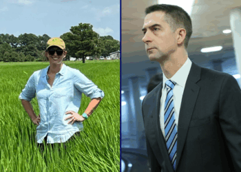 (L) Hallie Shoffner (via: hallieshoffner.com) / (R) U.S. Sen. Tom Cotton (R-AR) walks through the basement of the US Capitol on February 10, 2026 in Washington, DC. Congress is facing a Friday deadline to find bipartisan legislation to fund the Department of Homeland Security, right before a Presidents Day recess. (Photo by Michael M. Santiago/Getty Images)