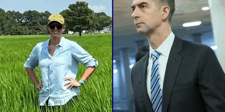 (L) Hallie Shoffner (via: hallieshoffner.com) / (R) U.S. Sen. Tom Cotton (R-AR) walks through the basement of the US Capitol on February 10, 2026 in Washington, DC. Congress is facing a Friday deadline to find bipartisan legislation to fund the Department of Homeland Security, right before a Presidents Day recess. (Photo by Michael M. Santiago/Getty Images)