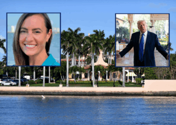 (L) Emily Gregory (via campaign website) / (R) PALM BEACH, FLORIDA - FEBRUARY 1: U.S. President Donald Trump speaks to reporters and members of the media at Mar-a-Lago on February 1, 2026 in Palm Beach, Florida. Trump is attending the wedding of Dan Scavino, White House Deputy Chief of Staff, and Erin Elmore, the Department of State Director of Art in Embassies, at Mar-a-Lago. (Photo by Al Drago/Getty Images) / (Background) US President Donald Trump