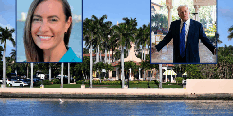 (L) Emily Gregory (via campaign website) / (R) PALM BEACH, FLORIDA - FEBRUARY 1: U.S. President Donald Trump speaks to reporters and members of the media at Mar-a-Lago on February 1, 2026 in Palm Beach, Florida. Trump is attending the wedding of Dan Scavino, White House Deputy Chief of Staff, and Erin Elmore, the Department of State Director of Art in Embassies, at Mar-a-Lago. (Photo by Al Drago/Getty Images) / (Background) US President Donald Trump