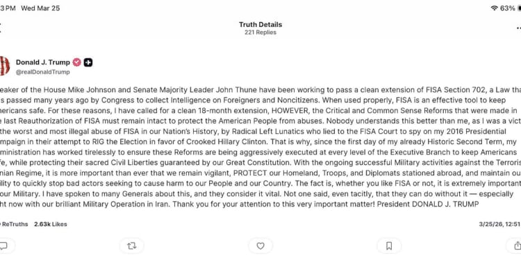 Trump TruthSocial post calling for FISA Title VII reauthorization