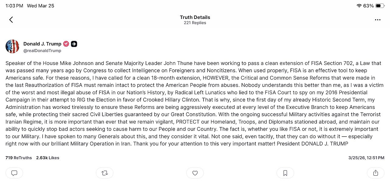 Trump TruthSocial post calling for FISA Title VII reauthorization