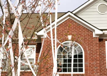 A suburban home is a victim of a teenage toilet papering prank.