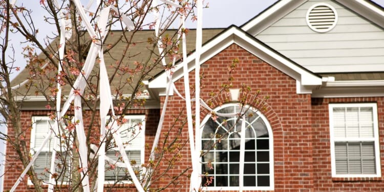 A suburban home is a victim of a teenage toilet papering prank.