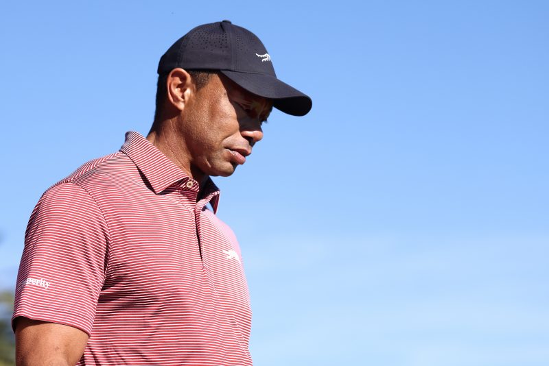 PACIFIC PALISADES, CALIFORNIA - FEBRUARY 22: Tiger Woods of the United States looks on from the 18th green during the final round of The Genesis Invitational 2026 at Riviera Country Club on February 22, 2026 in Pacific Palisades, California. (Photo by Mike Mulholland/Getty Images)