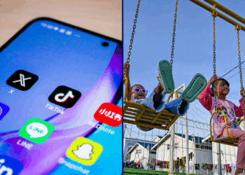 (L) A smartphone featuring the image of the Chinese social network TikTok which teenagers use a lot and Rednote twitter signal line snapchat mastodon linkedin bluesky in Paris in France on 16 January 2025. (Photo by Maeva Destombes / Hans Lucas / Hans Lucas via AFP) (Photo by MAEVA DESTOMBES/Hans Lucas/AFP via Getty Images) / (R) Children ride swings at a playground in temporary housing for flood survivors in Meureudu, Aceh province