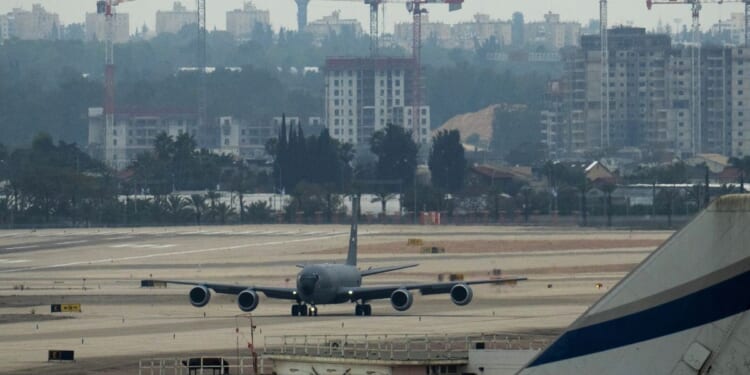 A United States Air Force KC-135 Stratotanker refuelling aircraft on the runway at Ben Gurion airport on March 13, 2026, in Lod, Israel.