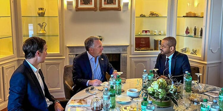 TOPSHOT - In this handout photo released by the Omani Ministry of Foreign Affairs on February 26, 2026, US special envoy Steve Witkoff (C) and Jared Kushner hold a meeting with Oman