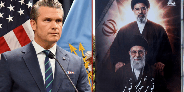 (L) US Secretary of Defense Pete Hegseth looks on during a joint press conference with Admiral Charles Bradford "Brad" Cooper II, Commander of US Central Command, at US Central Command (CENTCOM) headquarters at MacDill Air Force Base in Tampa, Florida, on March 5, 2026. (Photo by Octavio JONES / AFP via Getty Images) / (R) A photograph shows a billboard depicting Iran