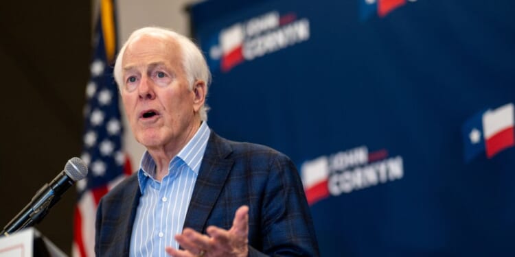 Sen. John Cornyn speaks to members of the media at the Austin Marriott Downtown on March 3, 2026, in Austin, Texas.