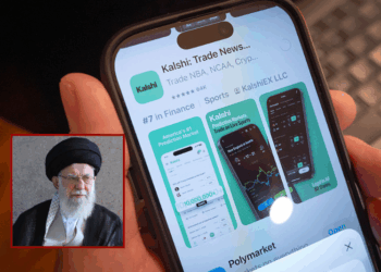 (Background) In this photo illustration, An app for Kalshi, an online prediction market site, is shown on February 25, 2026 in Chicago, Illinois. Online prediction market platforms allow people to place bets on wide-ranging subjects such as sports, finance, politics and currents events. (Photo Illustration by Scott Olson/Getty Images) / (R) In this handout image provided by the Iranian Leader