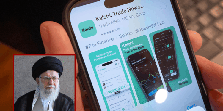 (Background) In this photo illustration, An app for Kalshi, an online prediction market site, is shown on February 25, 2026 in Chicago, Illinois. Online prediction market platforms allow people to place bets on wide-ranging subjects such as sports, finance, politics and currents events. (Photo Illustration by Scott Olson/Getty Images) / (R) In this handout image provided by the Iranian Leader